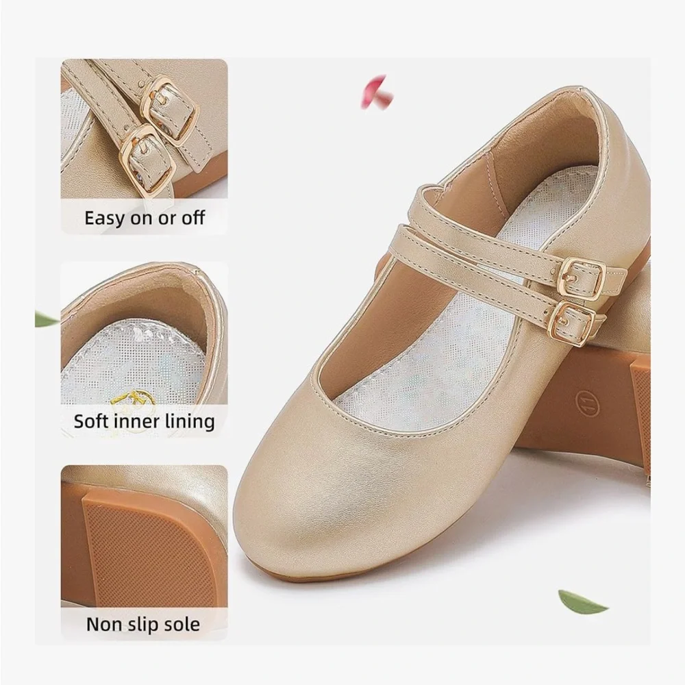 Girls Gold Mary Jane Double Strap Dress Shoes Size 2 Little Girl